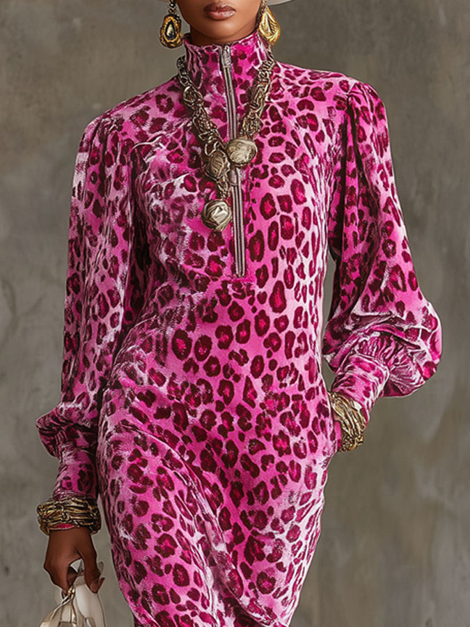 Robe Midi en Velours Léopard avec Manches Bouffantes et Col Montant à Zip
