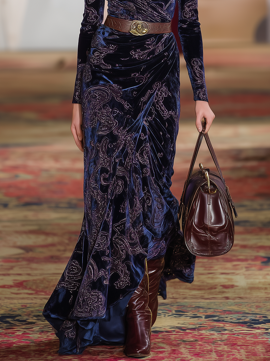 Robe Maxi Velours Rétro Western à Col V et Manches Longues