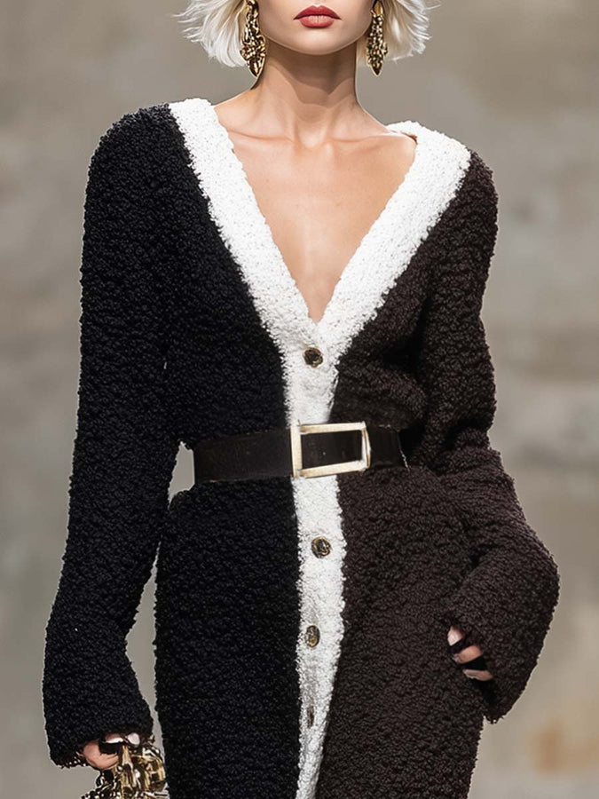 Robe Maxi en Polaire Brun Foncé avec Col V et Fermeture Contrastée - Élégance Rétro