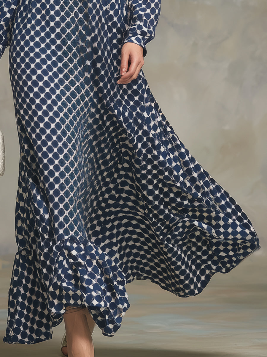 Robe Maxi Rétro en Chiffon Épais à Pois Bleus avec Décolleté en V