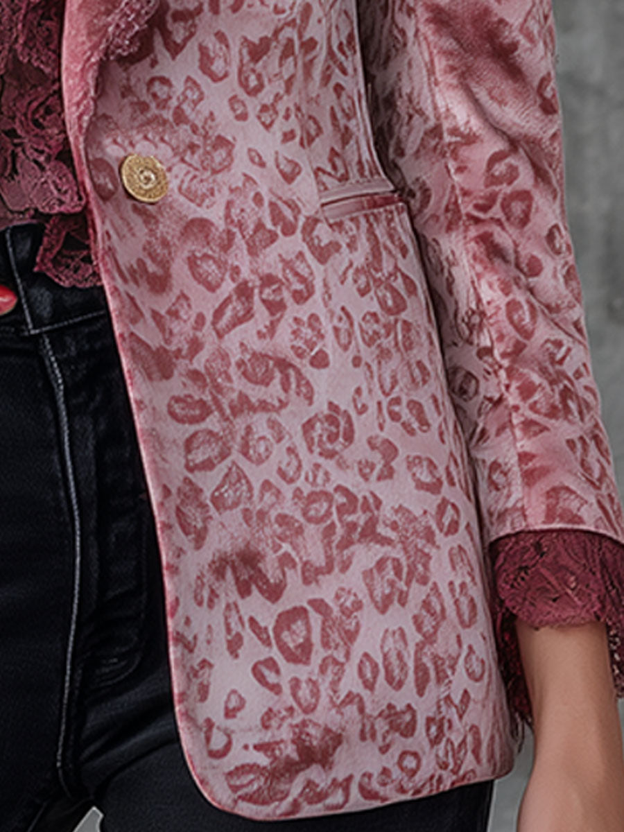Veste Élégante en Velours à Imprimé Léopard Rose Rétro avec Détails en Dentelle