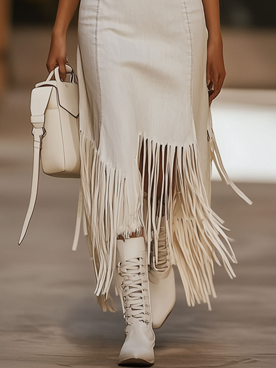 Robe Midi Sans Manches en Denim Blanc Vintage avec Broderie Marron - Expédition Rapide en 24 Heures