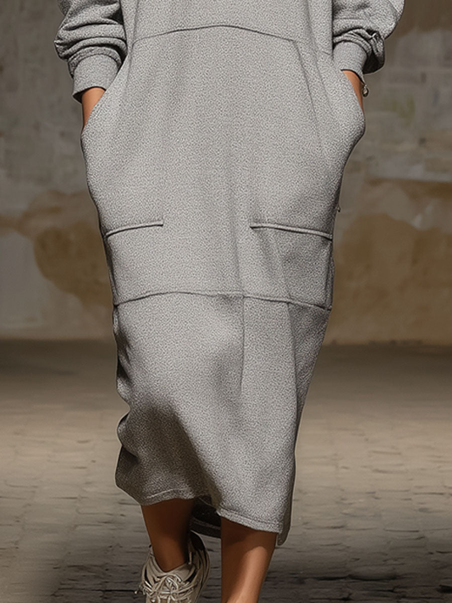 Robe Midi Sportive en Flanelle Grise au Style Rétro Décontracté