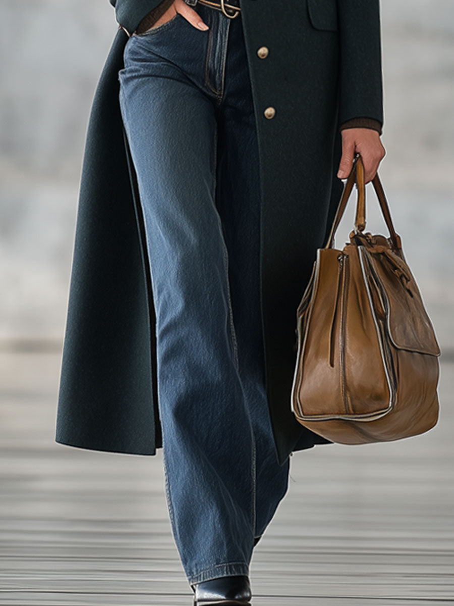 Veste Longue en Laine Verte Foncé au Style Rétro Décontracté