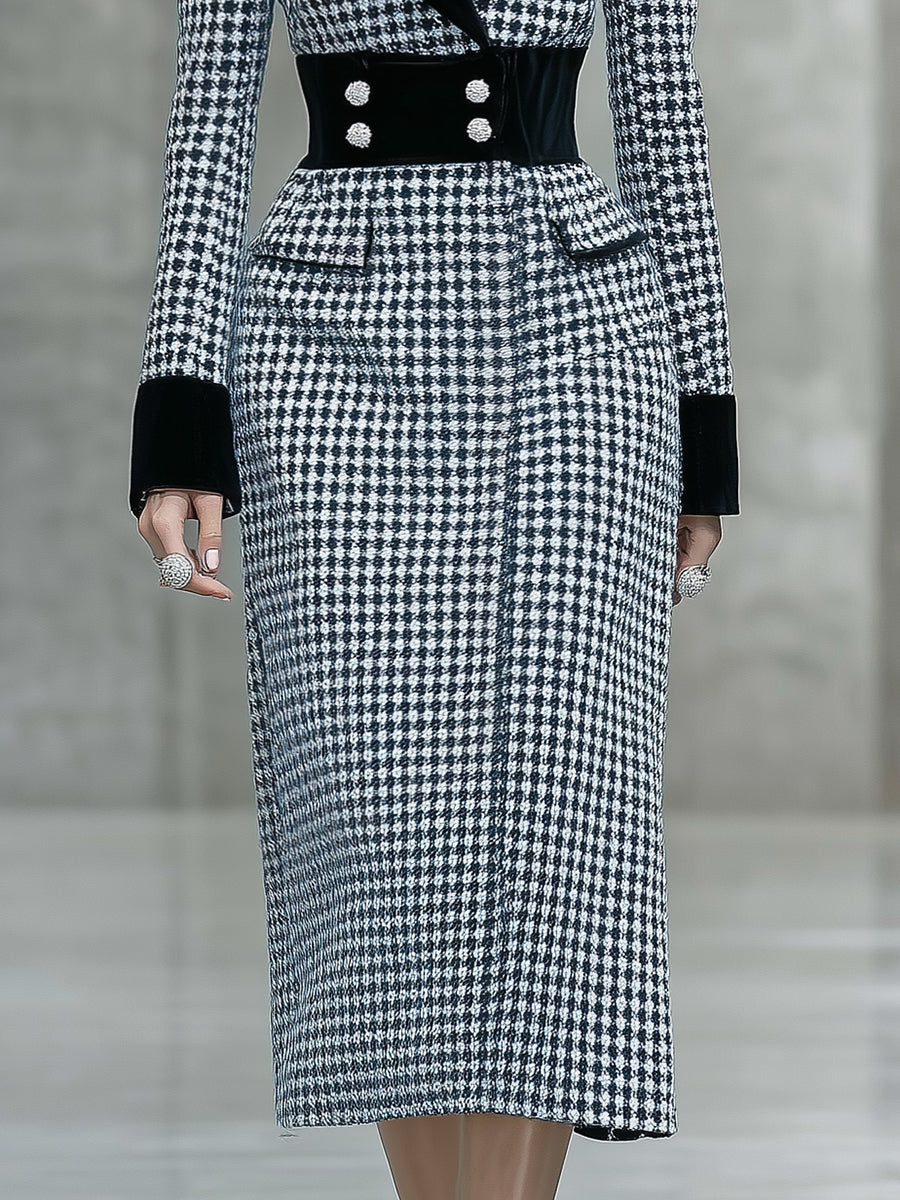 Robe Midi Houndstooth Élégante avec Col en Velours Noir – Un Must-Have Tendance