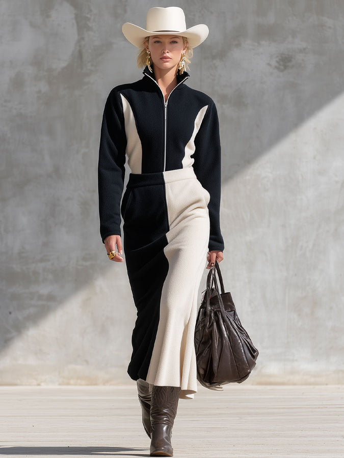 Ensemble Fleece Élégant : Haut à Col Contrasté et Jupe Pratique avec Fermeture Éclair