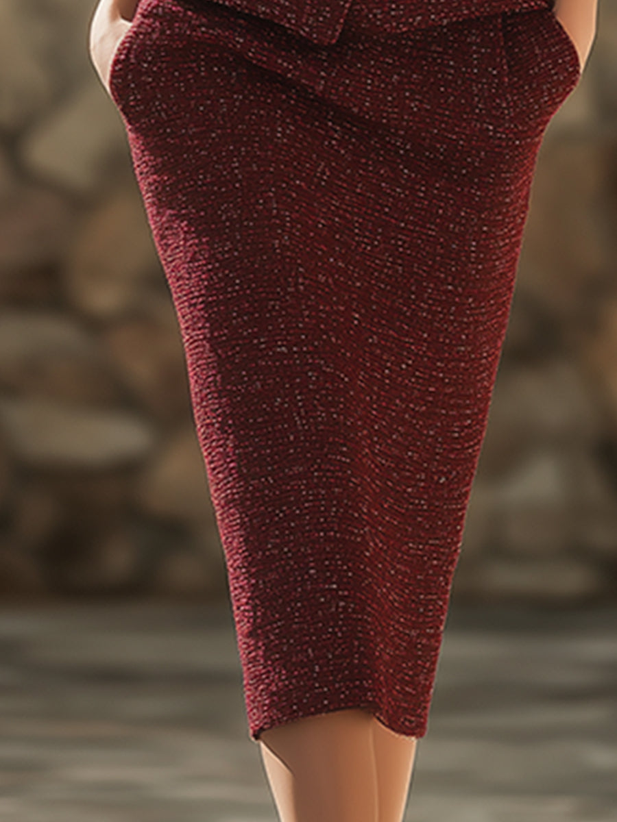 Ensemble Chic en Tweed Bordeaux à Col V : Veste et Jupe Coordonnées