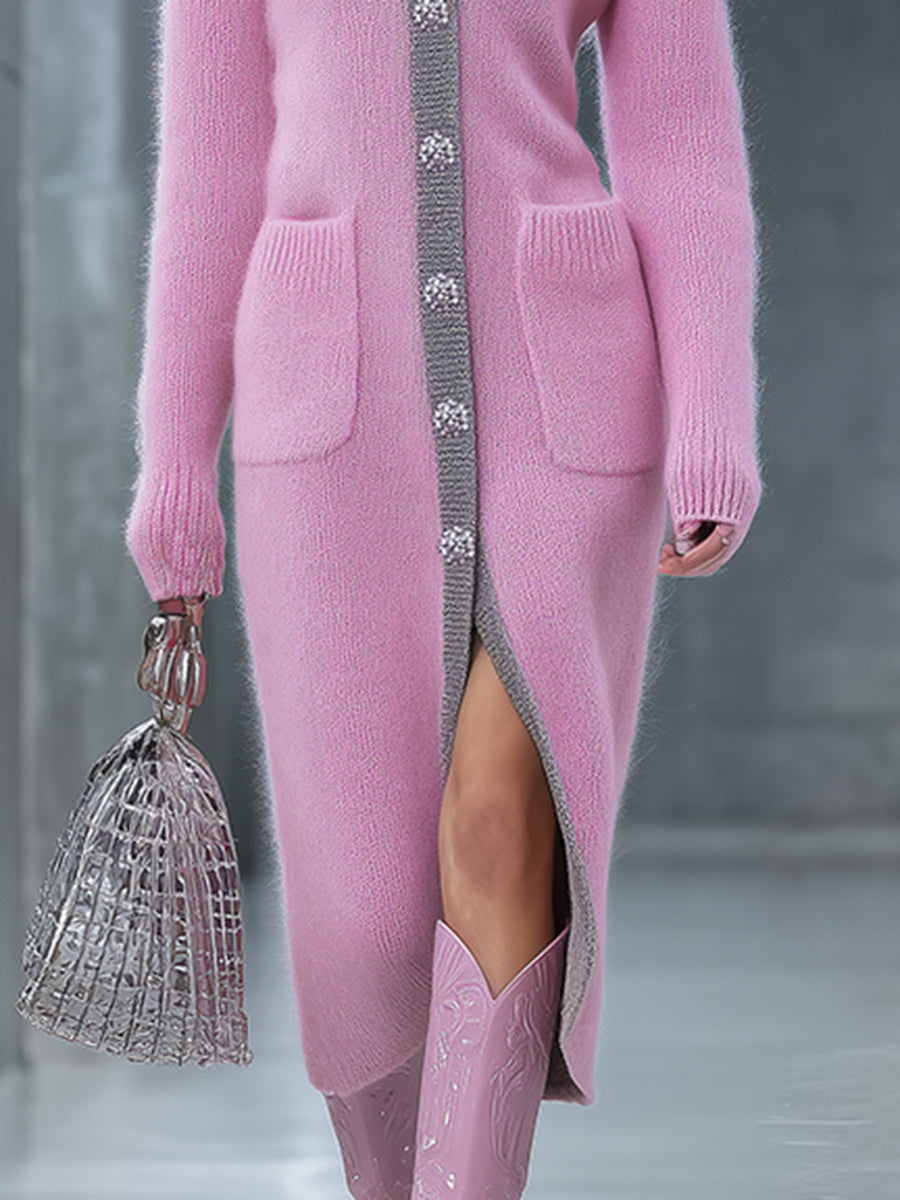 Élégant Cardigan Long en Mohair Rose avec Détails Gris – Un Indispensable Chic et Tendance