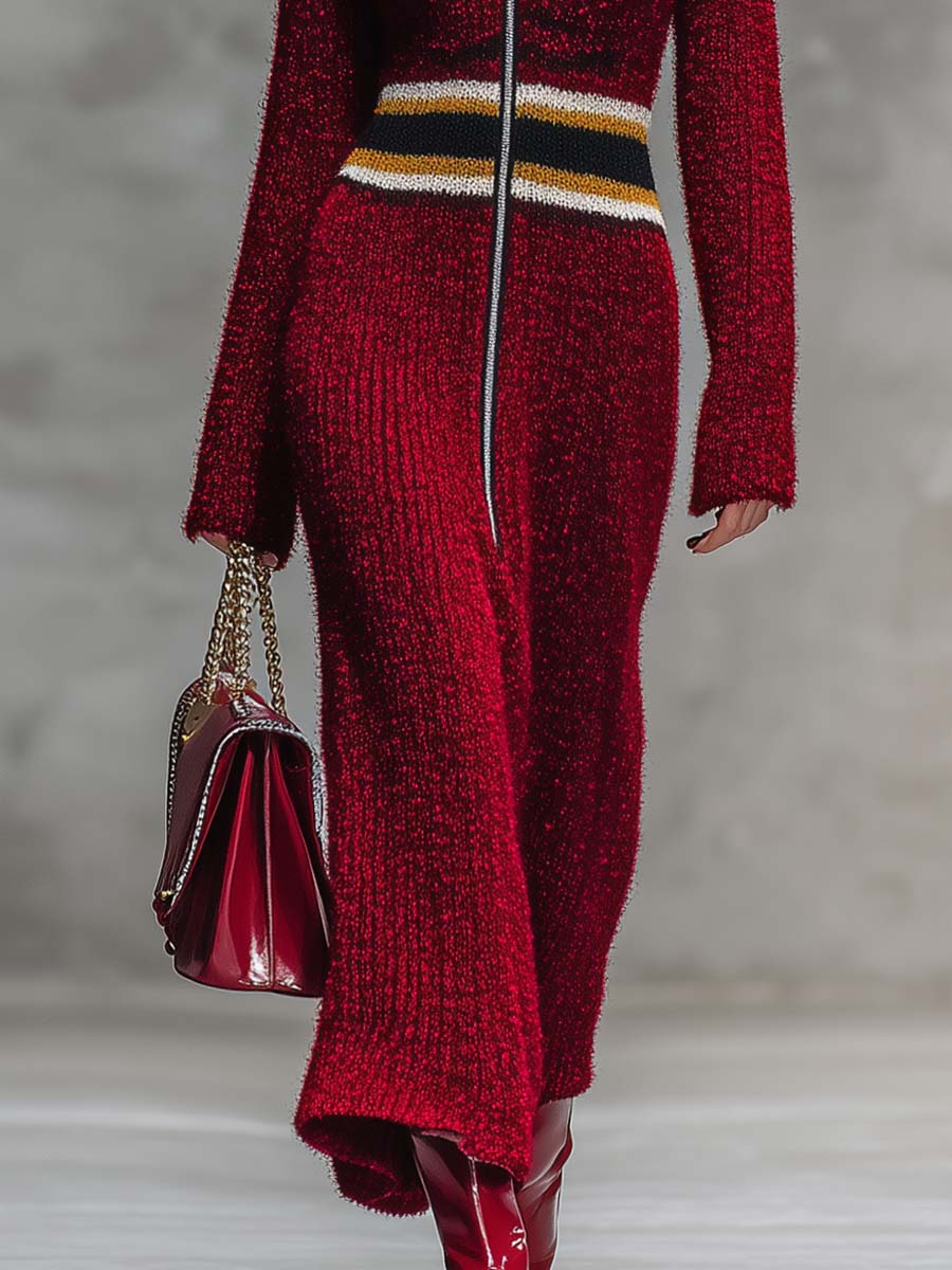 Robe Maxi Tricotée à Capuche avec Fermeture Éclair et Col en V - Rouge Profond