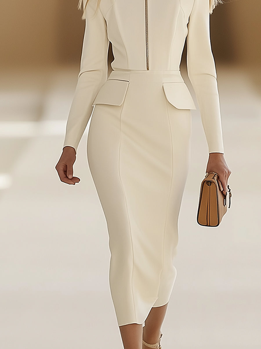 Expédition rapide en 24h : Élégante robe midi classique à col montant et manches longues