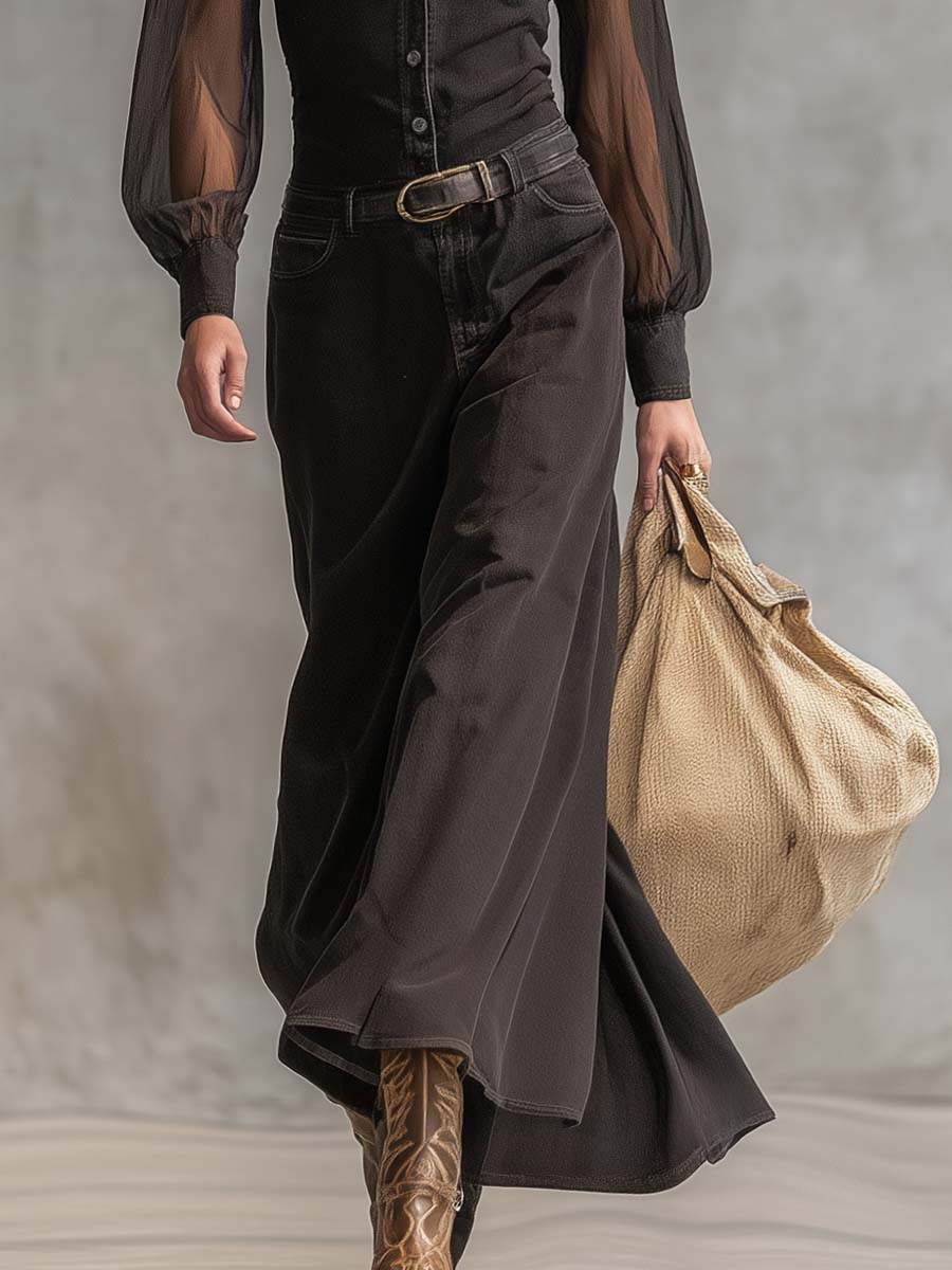 Robe Maxi en Denim Noir Transparent à Manches Longues et Décolleté en V avec Détails Boutonnés Vintage