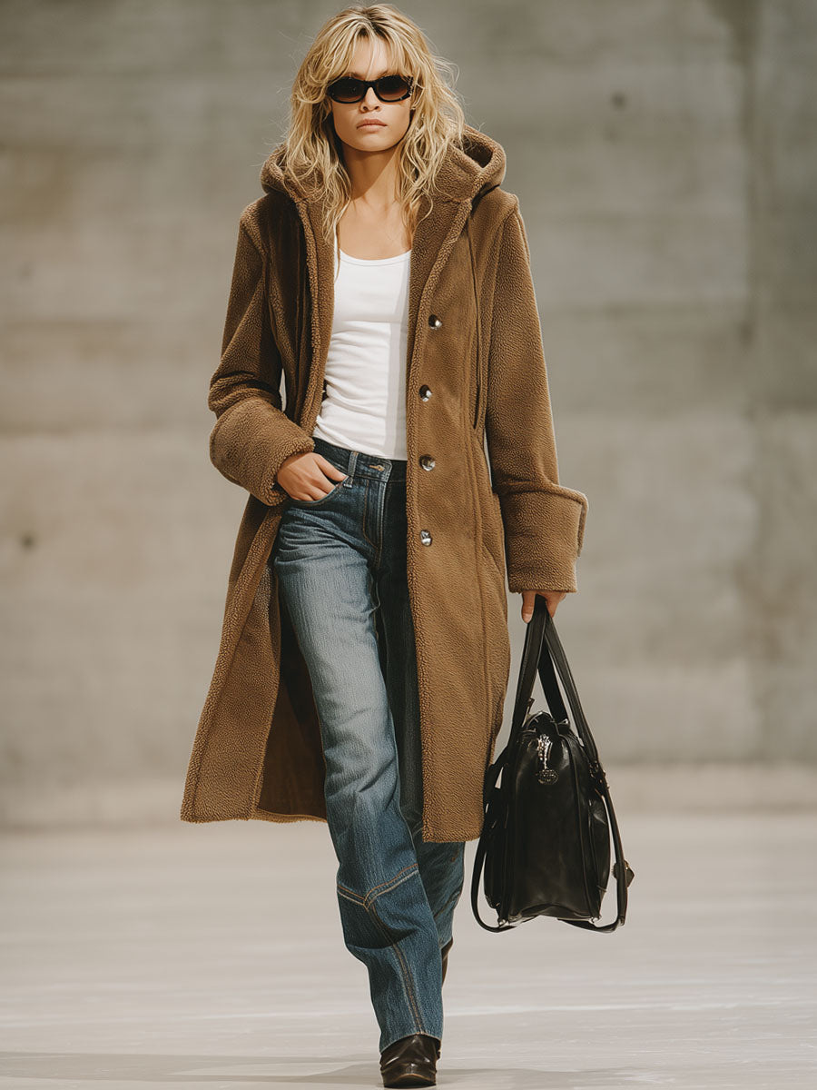 Veste Polaire à Capuche avec Double Poche et Boutonnage Élégant