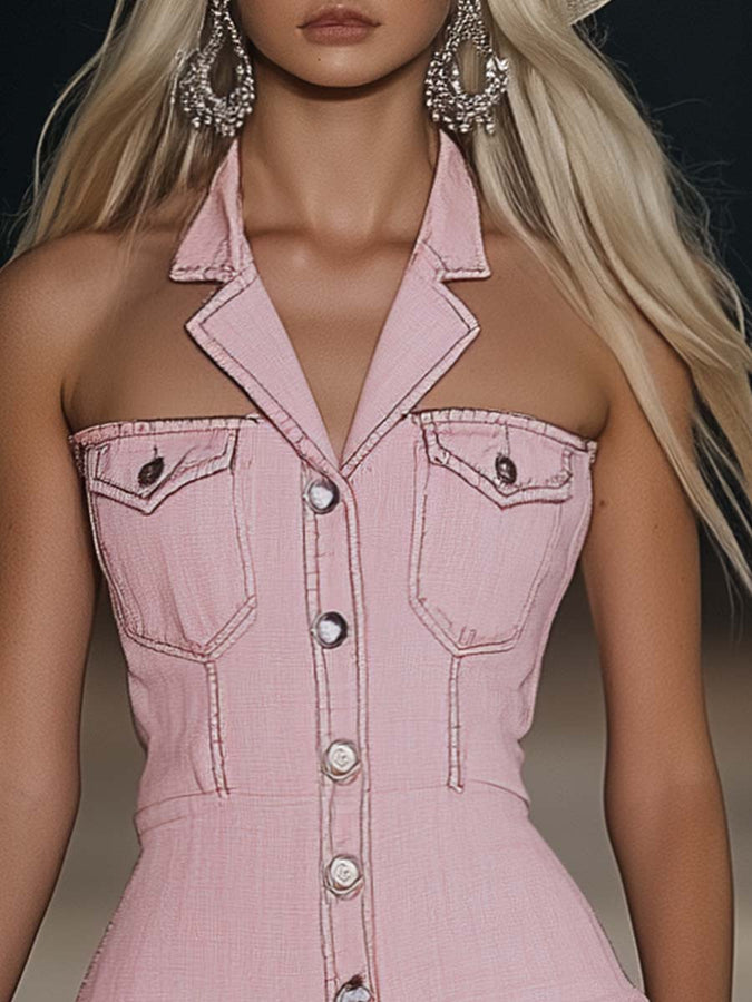 Robe Mini en Denim Rose avec Col Revers et Boutons - Livraison en 24 Heures