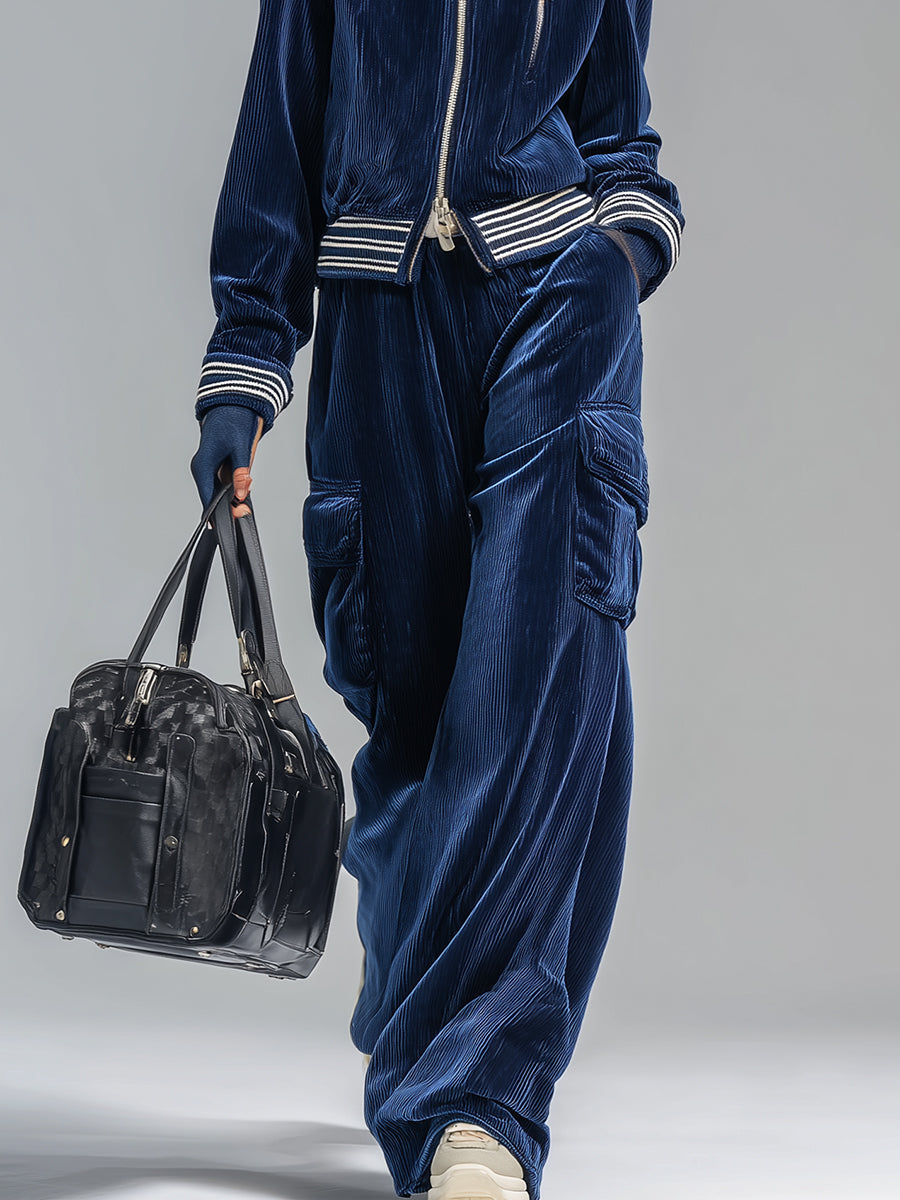 Ensemble Rétro en Cordon Bleu Foncé : Veste et Pantalon Chic