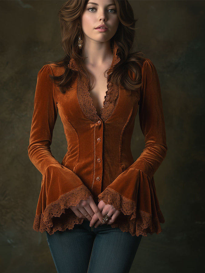 Rétro Chemise Longue en Velours Caramel avec Décolleté en V et Détails en Dentelle