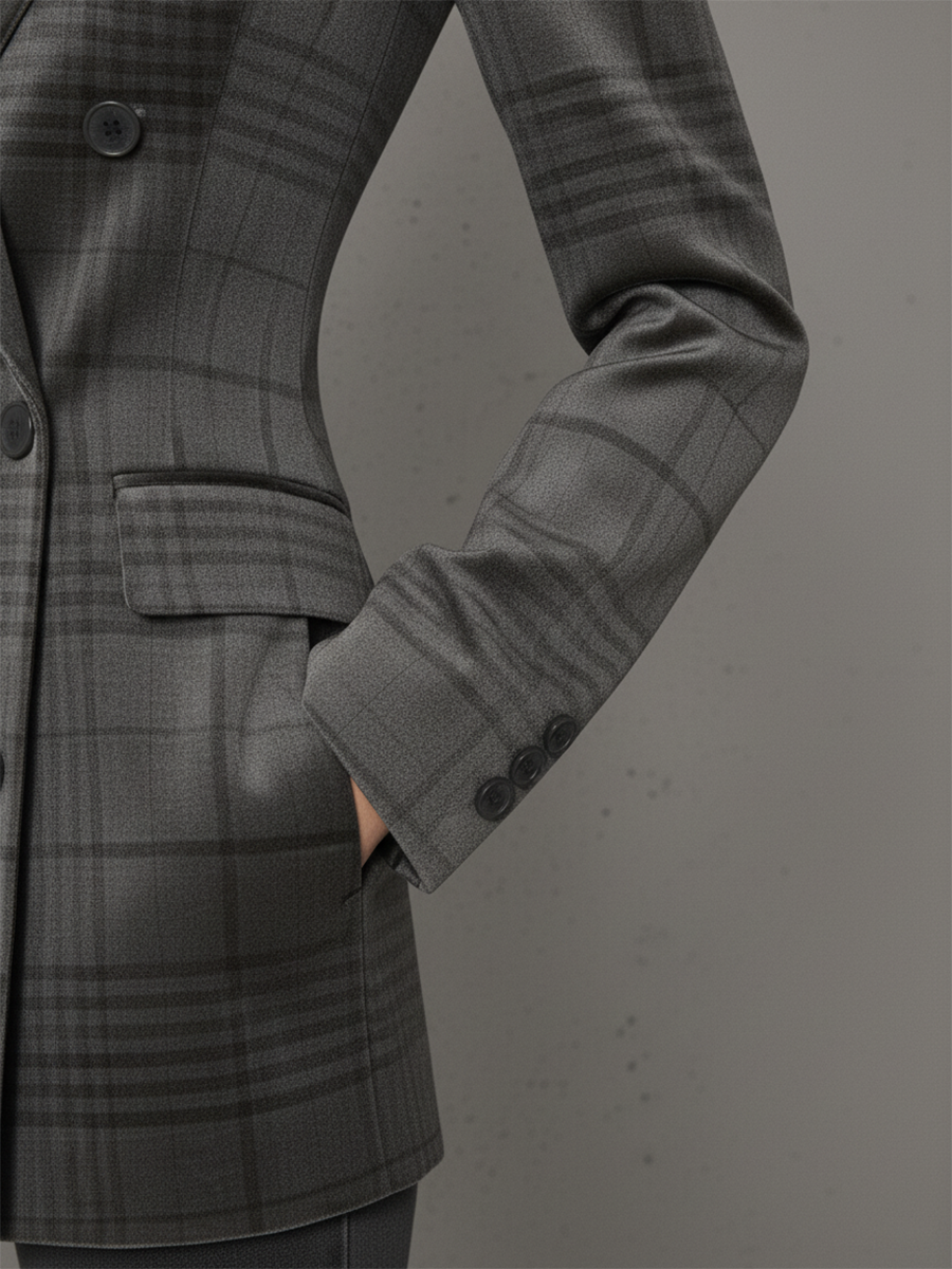 Veste Velours Vintage à Imprimé Vichy avec Double Boutonnage