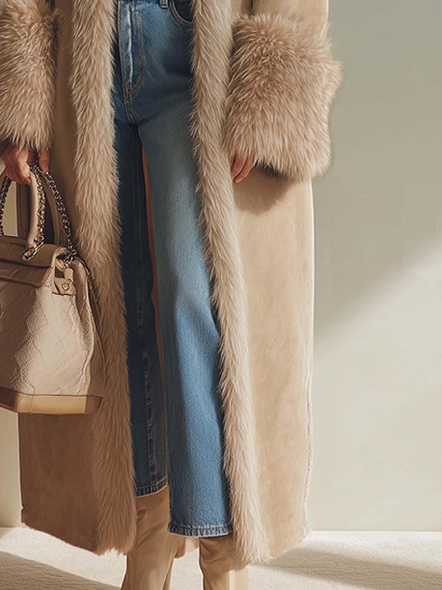 Elegant Long Faux Suede Coat with Luxurious Fleece Lining and Chic Faux Fur Trim