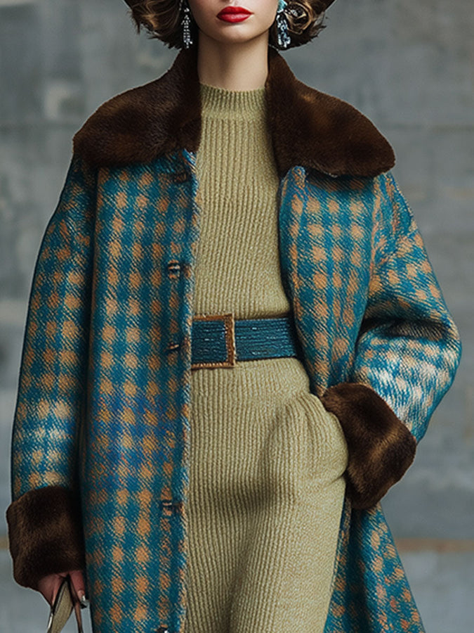 Veste en Laine à Motif Carreaux avec Col en Fourrure Vintage
