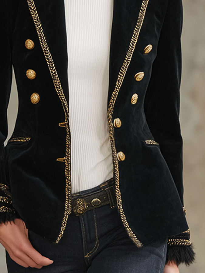 Veste en Velours Chic à Boutons avec Détails Contrastants