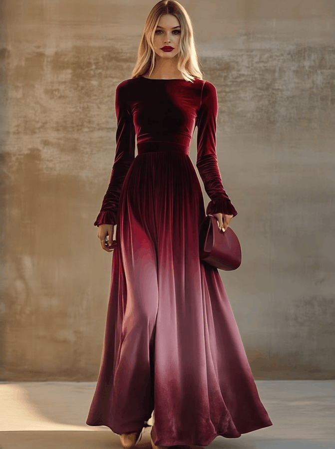 Robe Maxi en Velours Dégradé Bourgogne - Col Droit et Manches Trompette, Expédition en 24 Heures