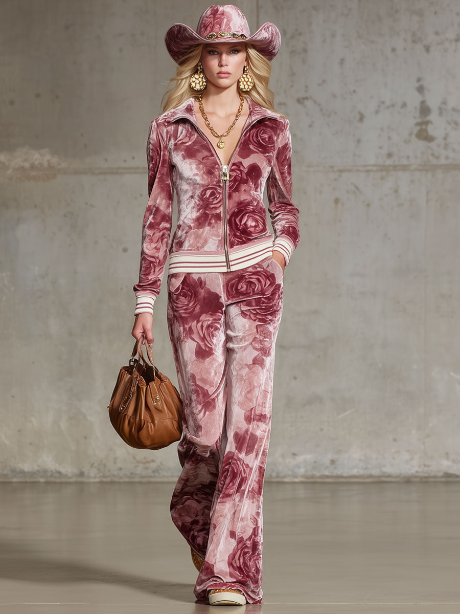 Ensemble Chic en Velours Imprimé Rose : Haut à Col Revers et Pantalon Élégant avec Fermeture Éclair