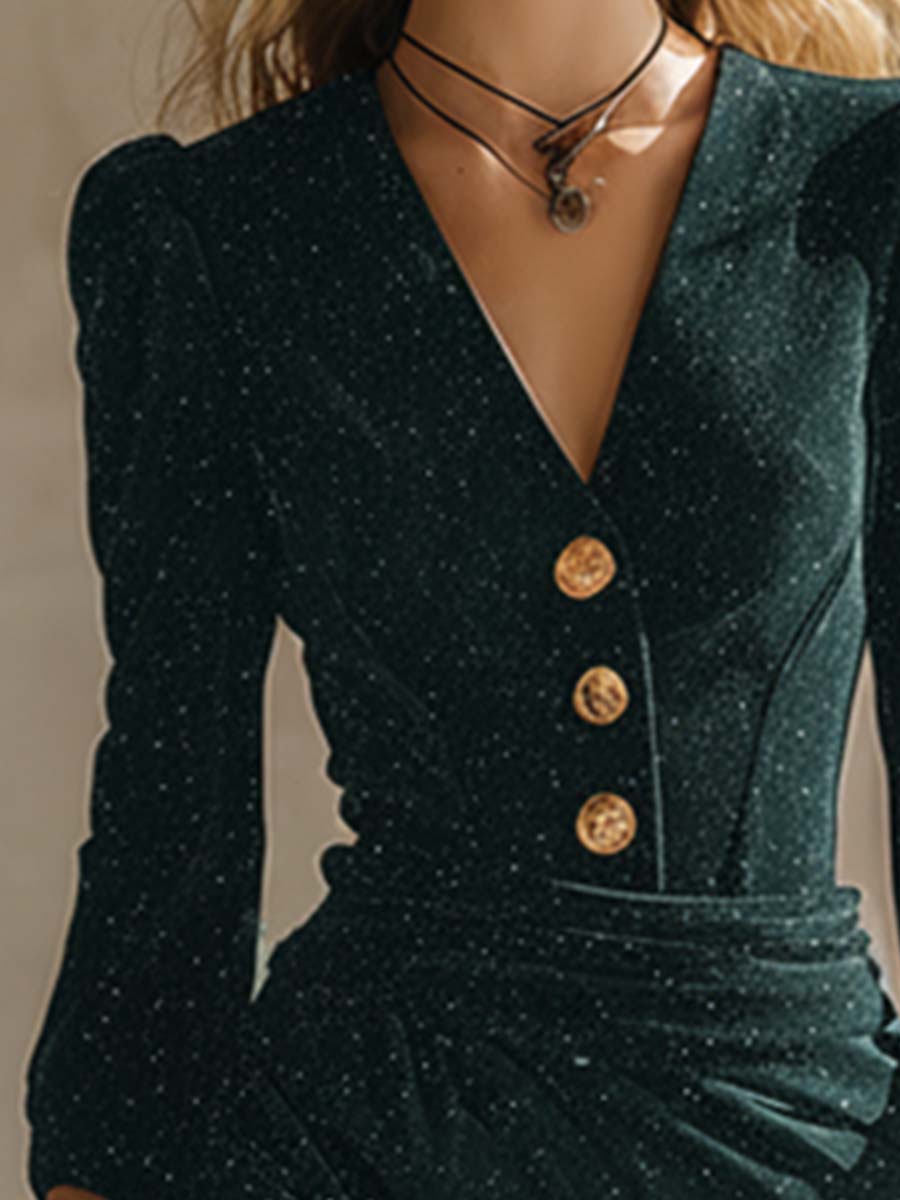 Exquise Robe Midi Longue en Stretch Émeraude Vintage à Manches Longues