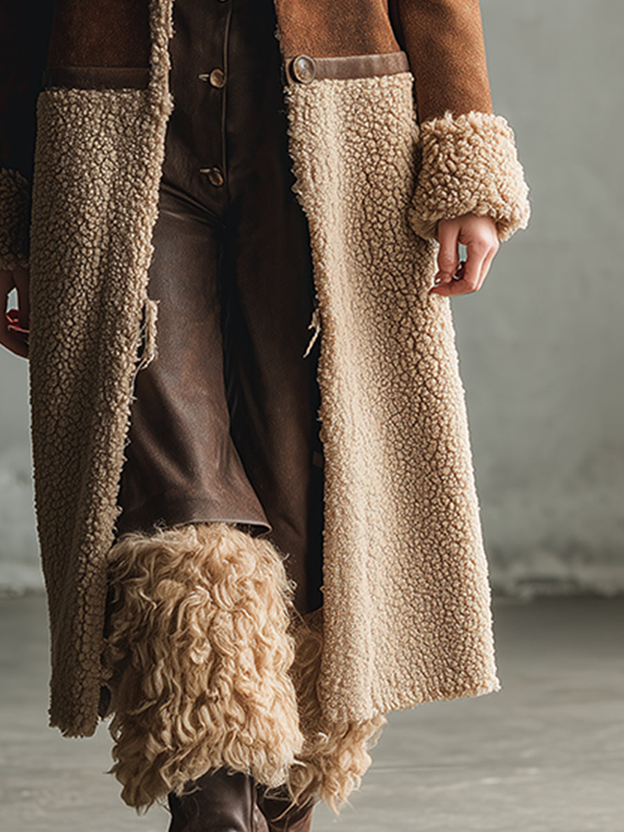 Veste mi-longue en faux suède marron au style western rétro, doublée en polaire