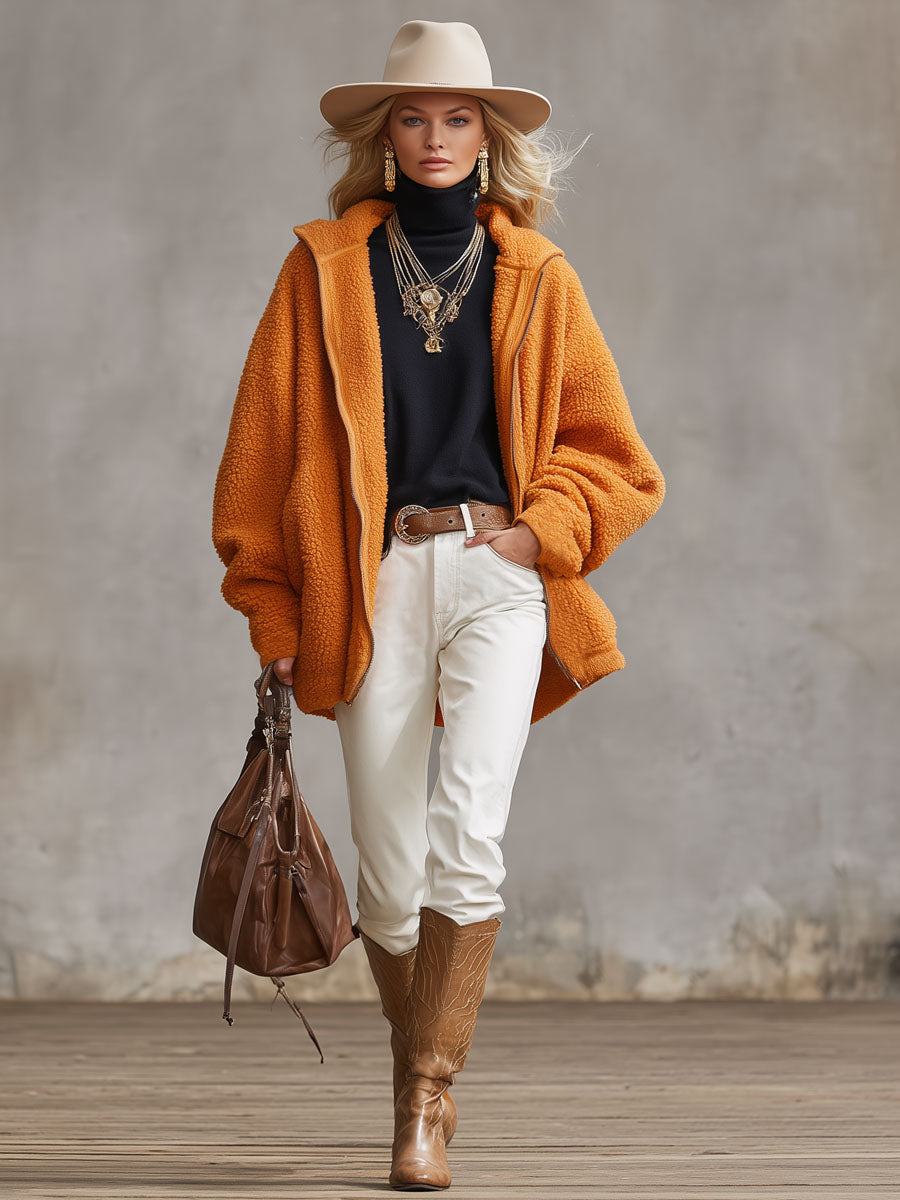 Veste Polaire Orange à Capuche et Fermeture Éclair