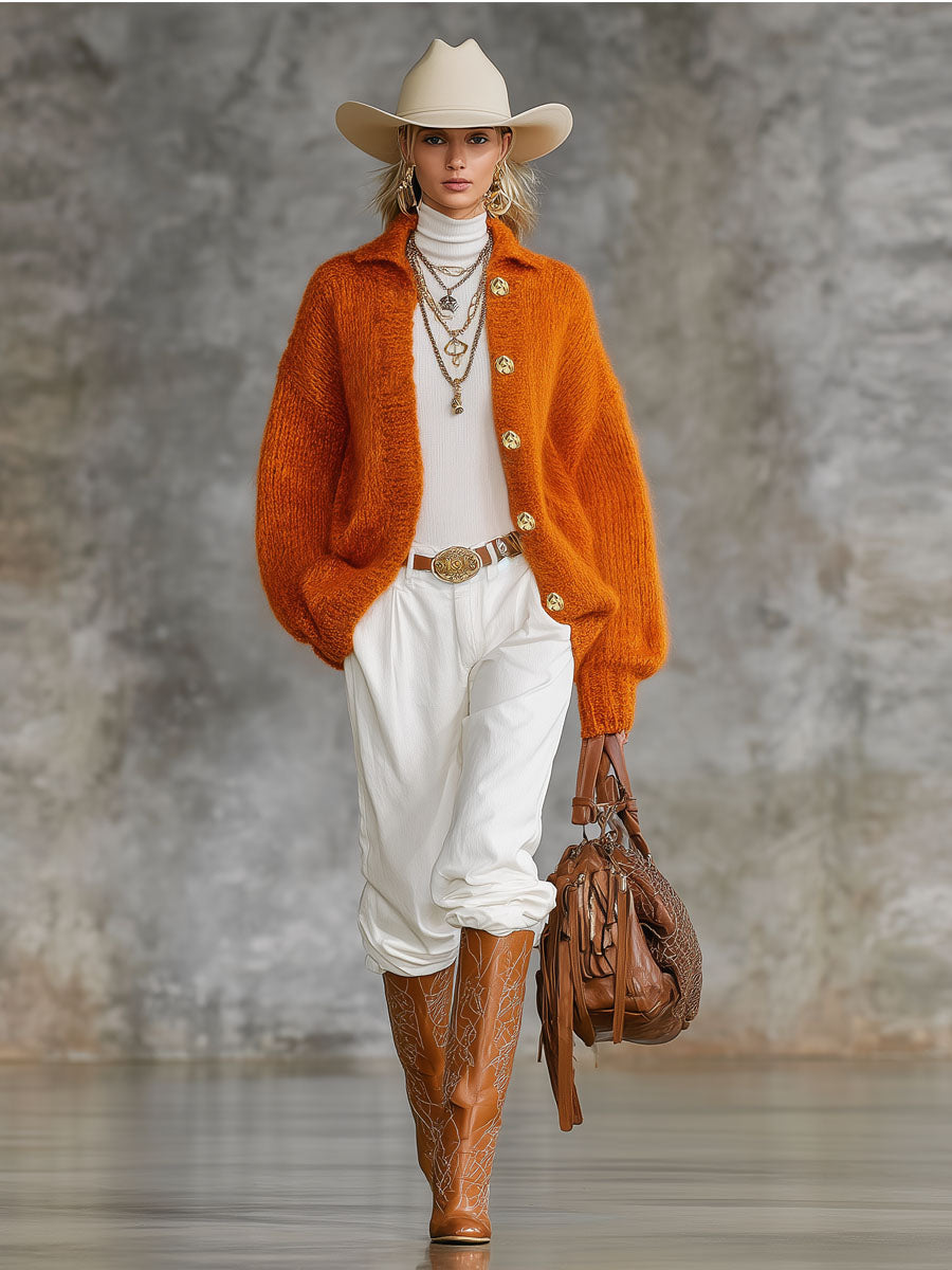 Cardigan Orange Tricoté avec Col Revers et Boutonnage Simple