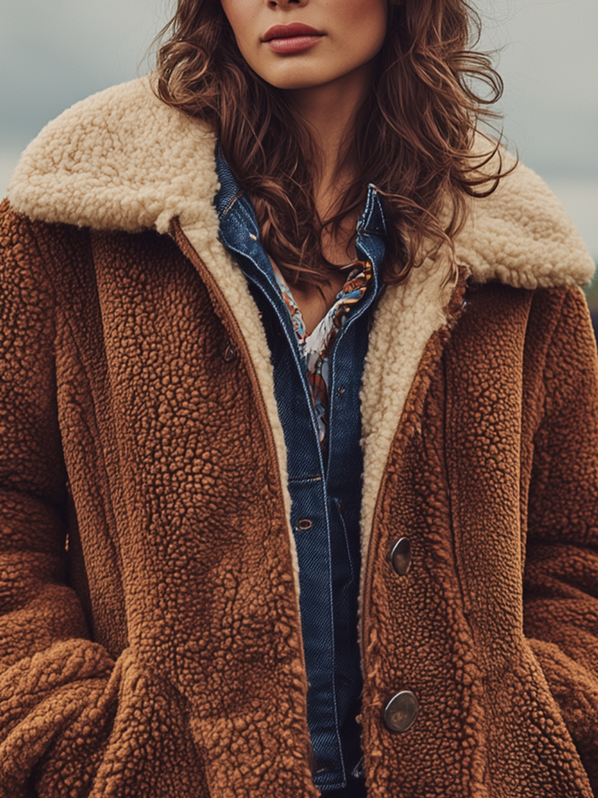 Veste courte en Sherpa au style vintage Western avec col élégant