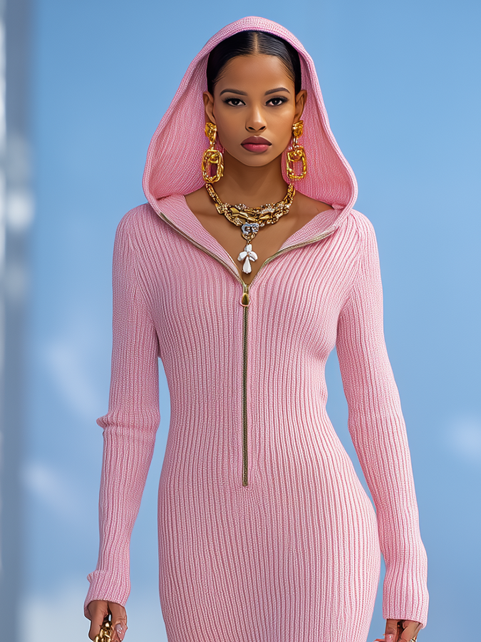 Robe Maxi Tricotée Sportive et Chic avec Capuche et Fermeture Éclair