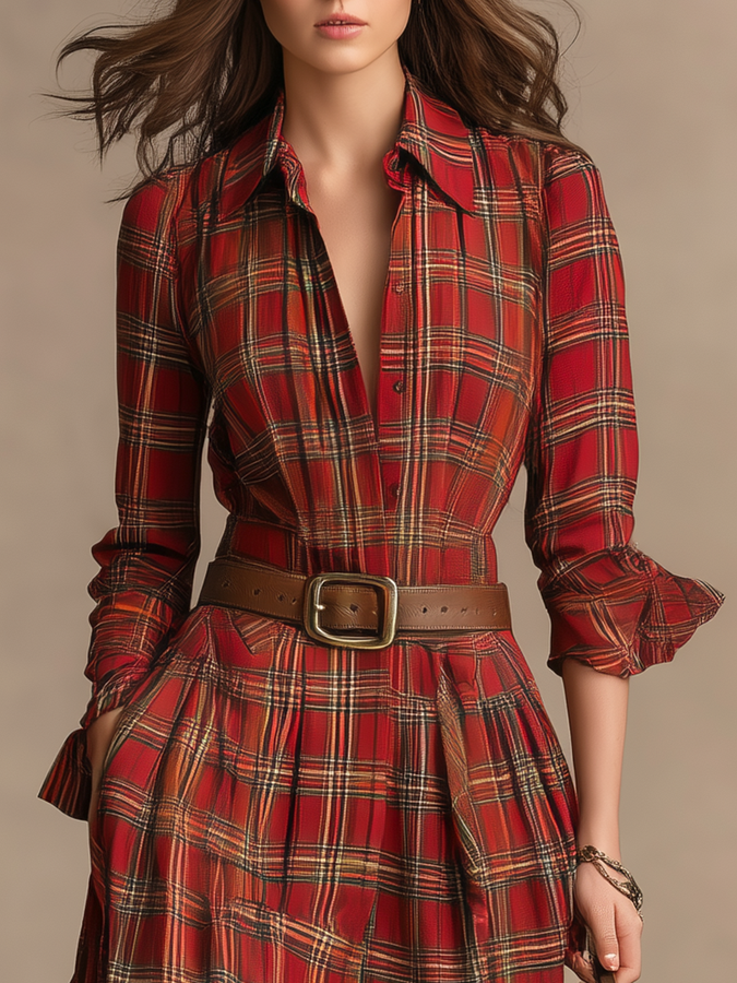 Robe Maxi Vintage à Motif Carreaux avec Col Revers et Manches Longues