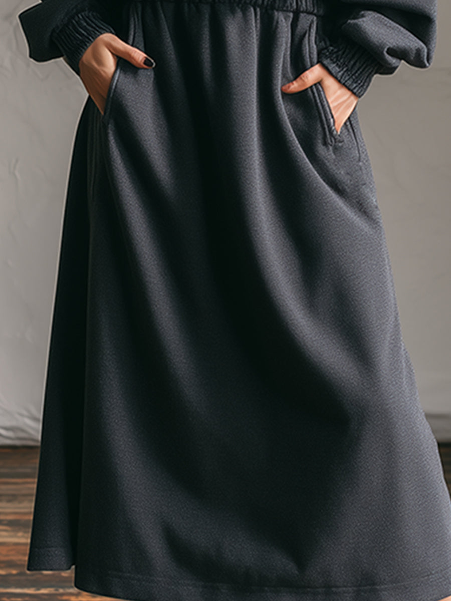 Robe Maxi en Sweat à Demi-Zip avec Col en Jean - Gris Foncé