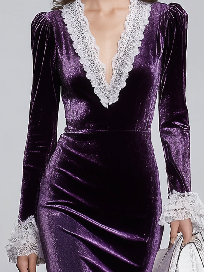 Robe Midi en Dentelle Blanche avec Encolure V Violet