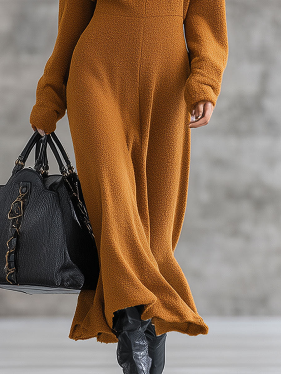 Robe Maxi en Fleece Caramel Vintage avec Col Polo