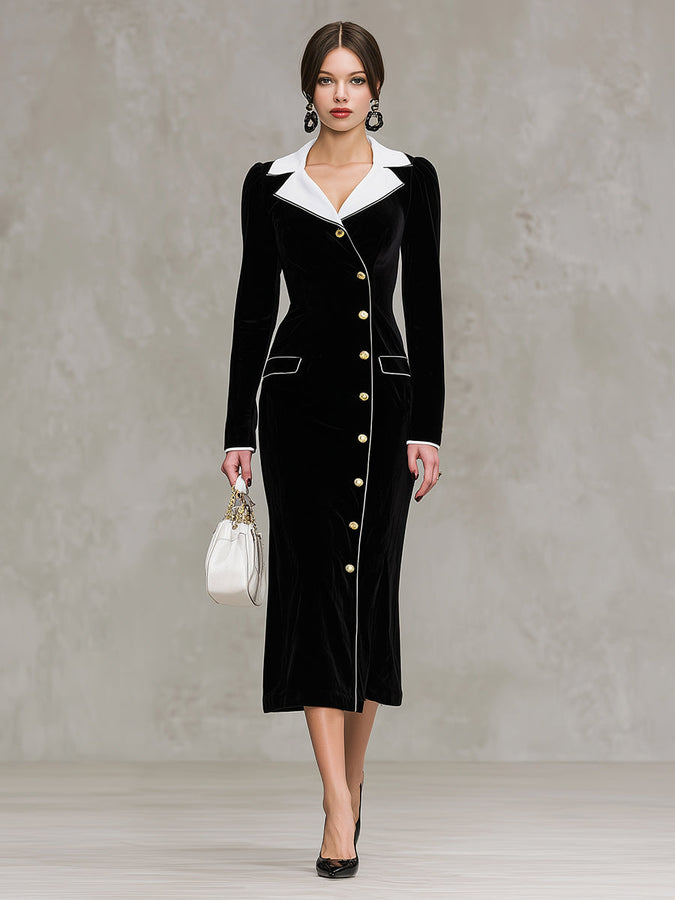 Maxi Robe en Velours Noir Élégante avec Détails en Col Blanc