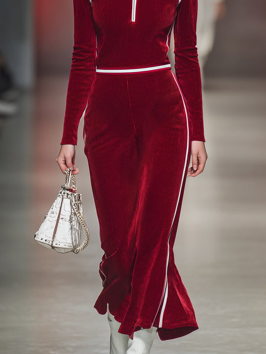 Robe Midi Rouge en Velours Côtelé avec Col Haut et Demi-Fermeture Éclair