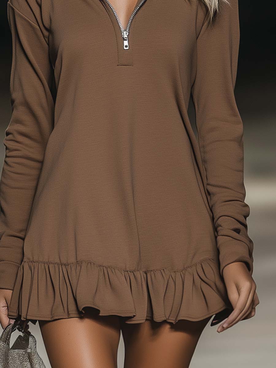Robe Mini Marron à Manches Longues avec Capuche et Ourlet Volant