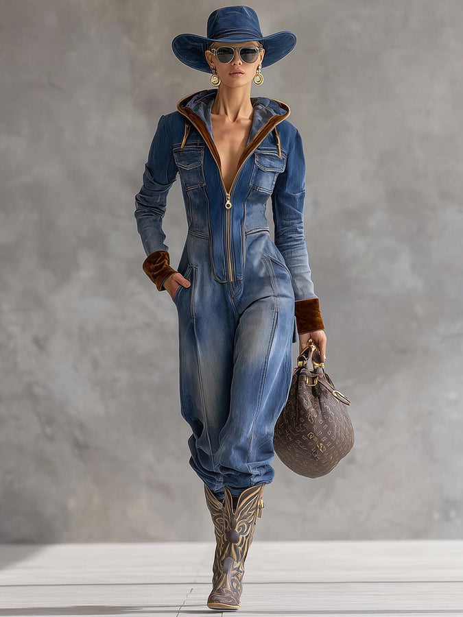 Combinaison Vintage en Jean Bleu avec Capuche, Col en V et Détails en Velours