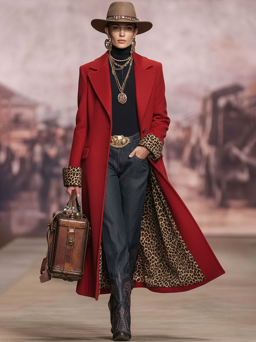 Veste en Laine à Motif Léopard avec Col Revers et Boutonnage Élégant