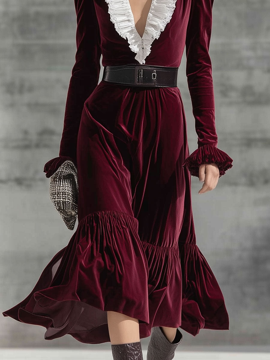 Robe Midi Rétro en Velours Bourgogne