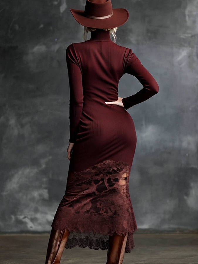Robe Maxi Bordeaux en Tricot avec Col Montant et Ourlet en Dentelle Élégante