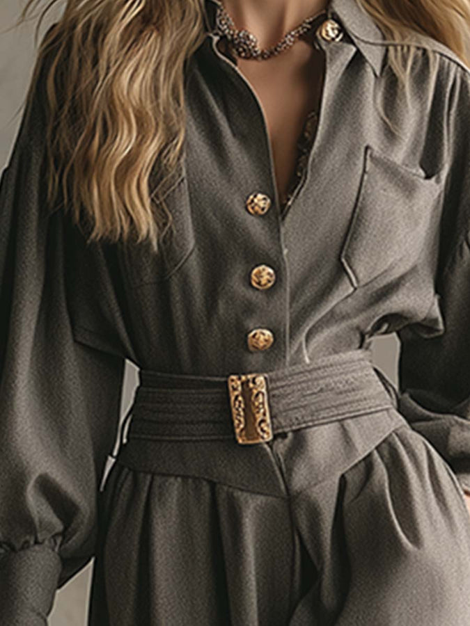Robe Maxi Élégante en Laine Grise avec Col Boutonné