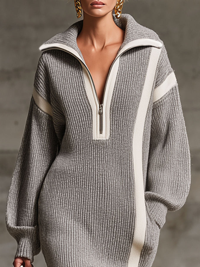 Robe Midi Tricotée avec Poches Doubles et Zip - Col Revers à Contraste Élégant