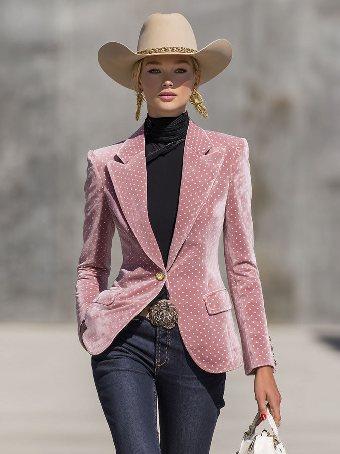Élégant Blazer en Velours à Pois Blancs Rétro avec Un Bouton