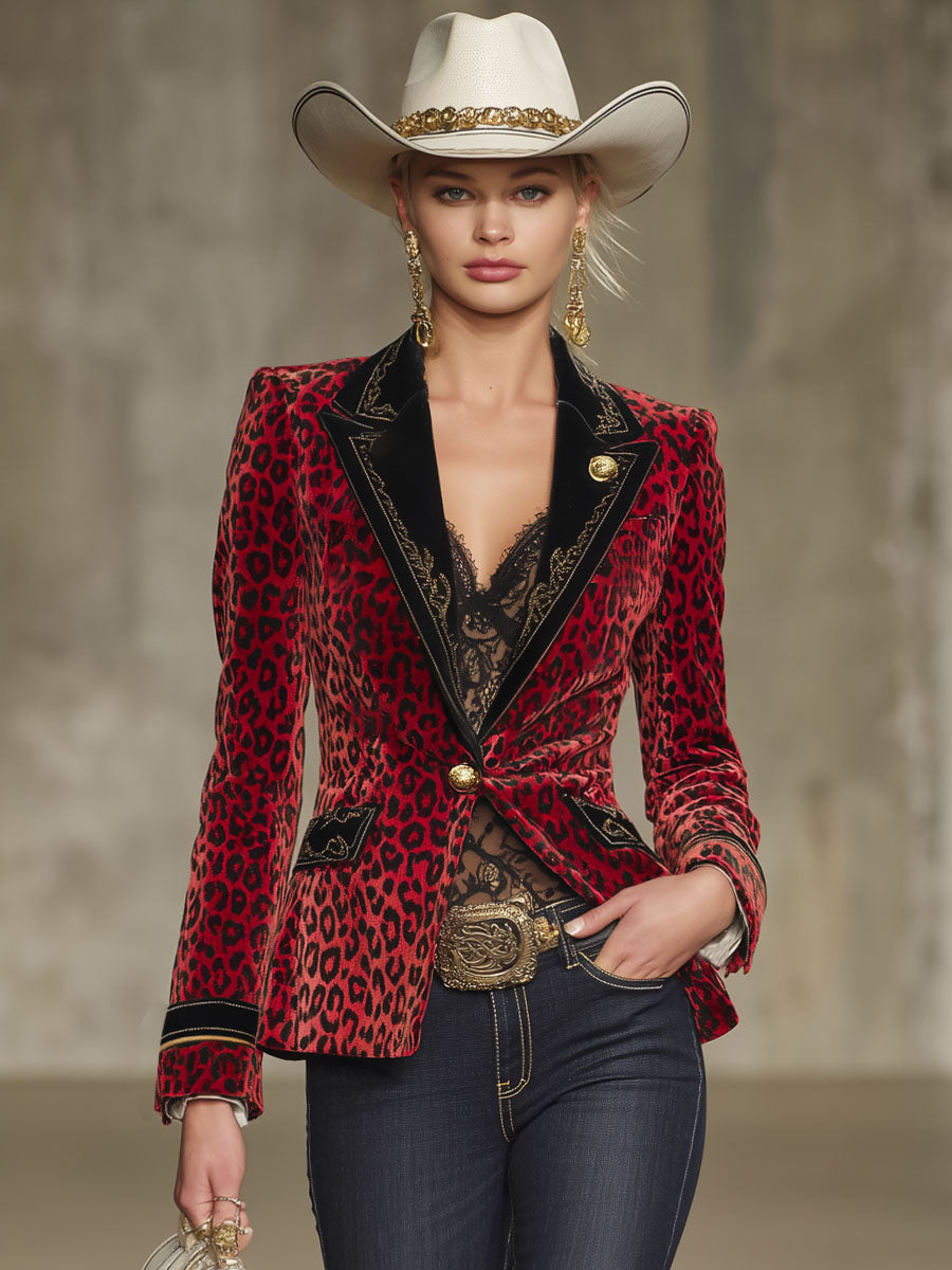 Veste en Velours Léopard Brodée avec Détails Contrastants Élégants