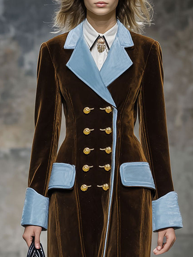 Veste en Velours Chocolat Brun avec Détails Rétro en Bleu