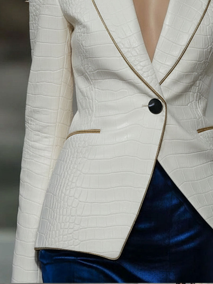 Blazer Blanc en Simili Cuir Crocodile avec Détails Dorés