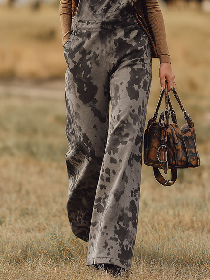Salopette Grise en Faux Suède à Motif Vache - Style Rétro Western Nomade