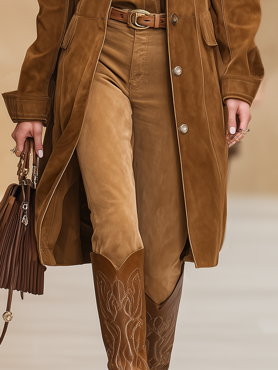 Veste Mi-Longue en Faux Suède avec Poches Multiples au Style Rétro